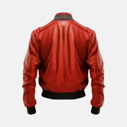 Men's Red Leather Bomber Jacket with Flap Pockets, back view