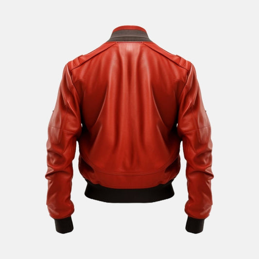 Men's Red Leather Bomber Jacket with Flap Pockets, back view