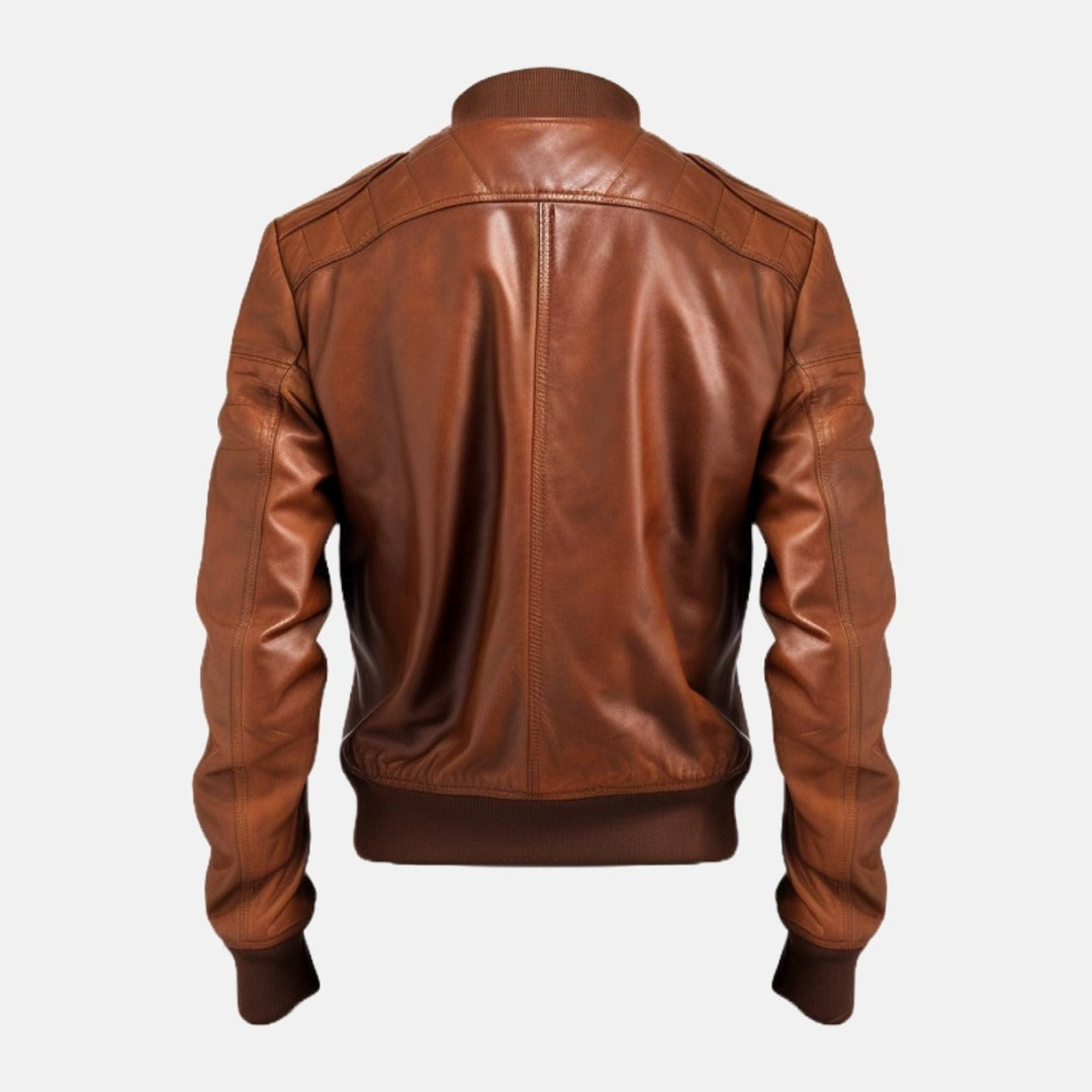 Men's Vintage Brown Leather Bomber Jacket with Ribbed Collar, back view