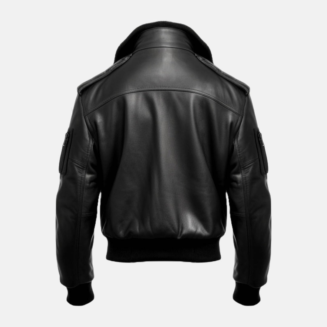 Men's Black Leather Bomber Jacket with Fur-Look Collar, back view
