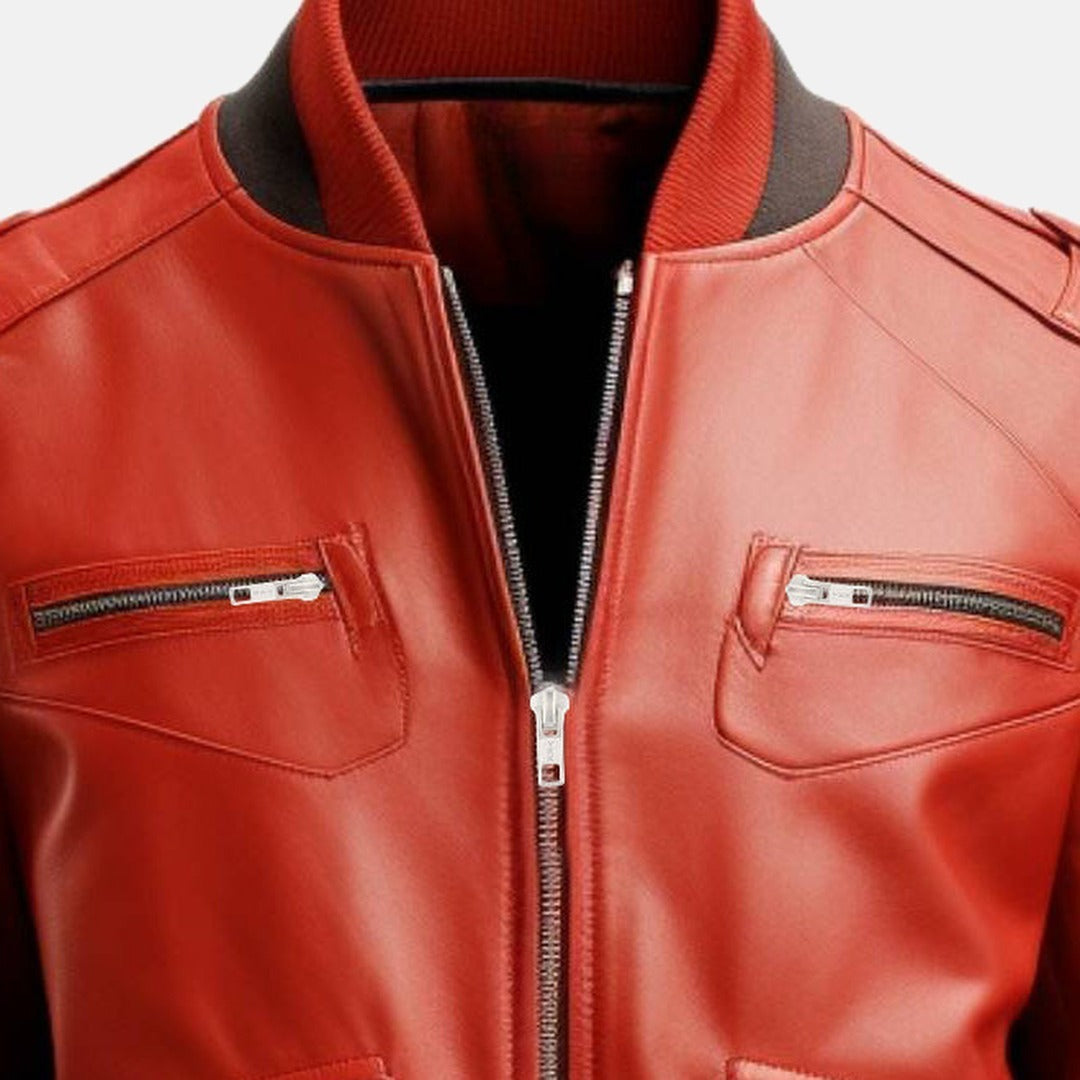 Men's Red Leather Bomber Jacket with Flap Pockets, close-up of collar and zip