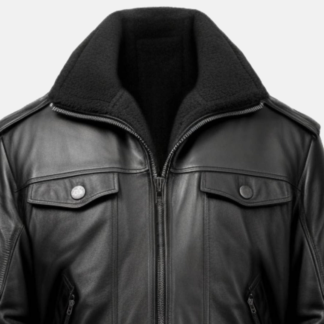 Men's Black Leather Bomber Jacket with Fur-Look Collar, close-up of collar and zip