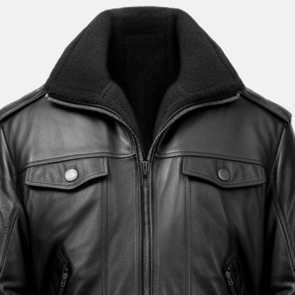 Men's Black Leather Bomber Jacket with Fur-Look Collar, close-up of collar and zip