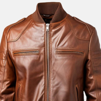 Men's Vintage Brown Leather Bomber Jacket with Ribbed Collar, close-up of collar and zip