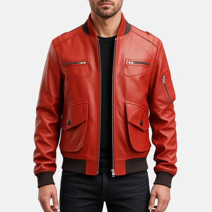Men's Red Leather Bomber Jacket with Flap Pockets, front view on model