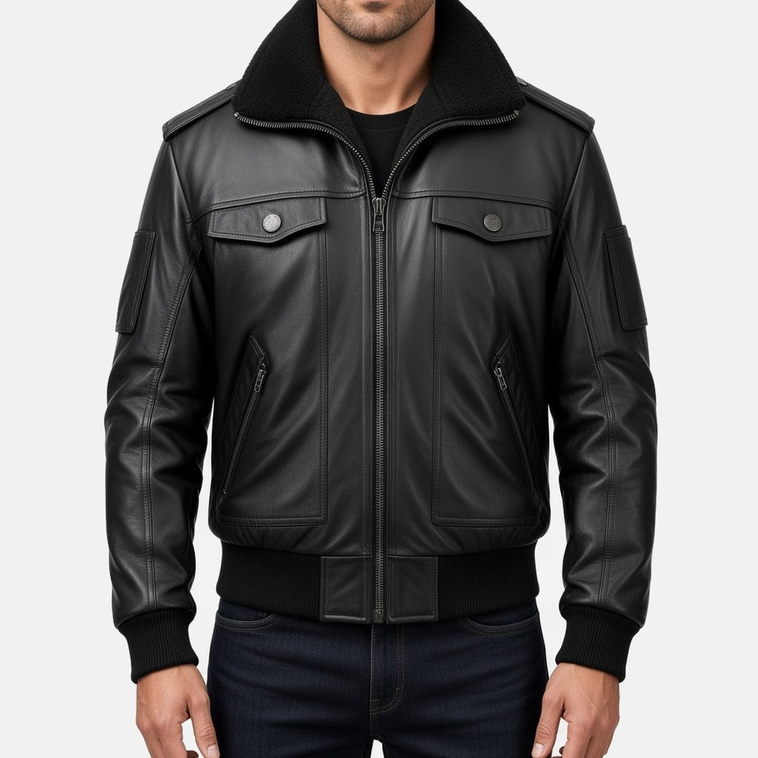 Men's Black Leather Bomber Jacket with Fur-Look Collar, front view on model