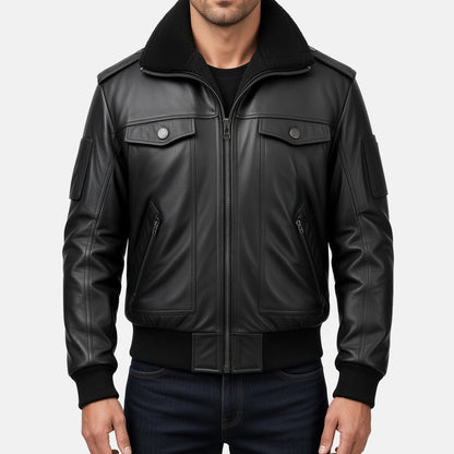 Men's Black Leather Bomber Jacket with Fur-Look Collar, front view on model