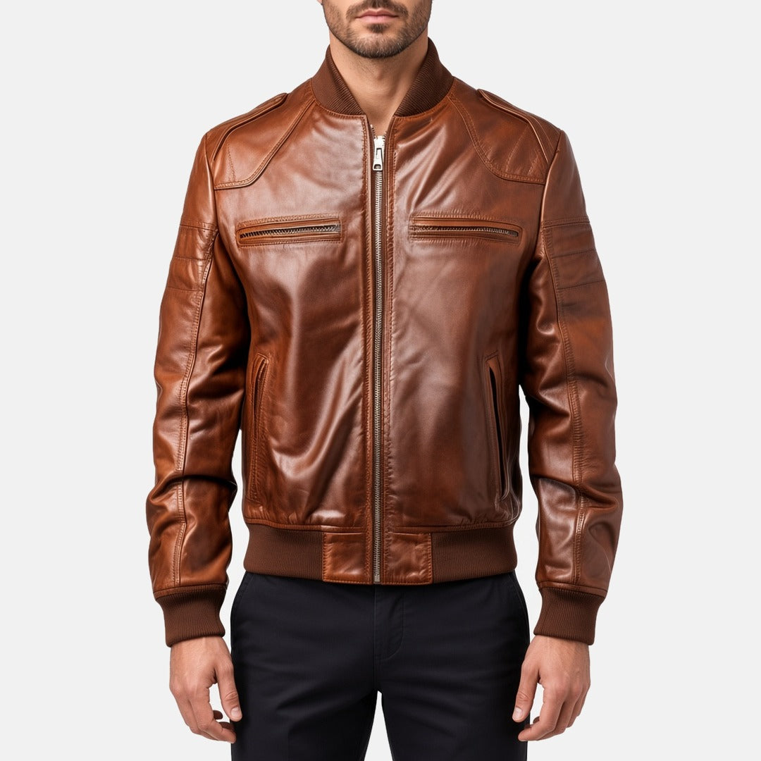 Men's Vintage Brown Leather Bomber Jacket with Ribbed Collar, front view on model