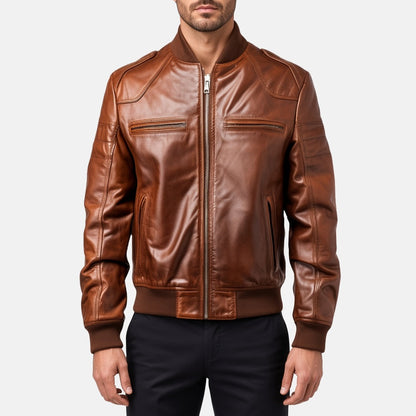 Men's Vintage Brown Leather Bomber Jacket with Ribbed Collar, front view on model