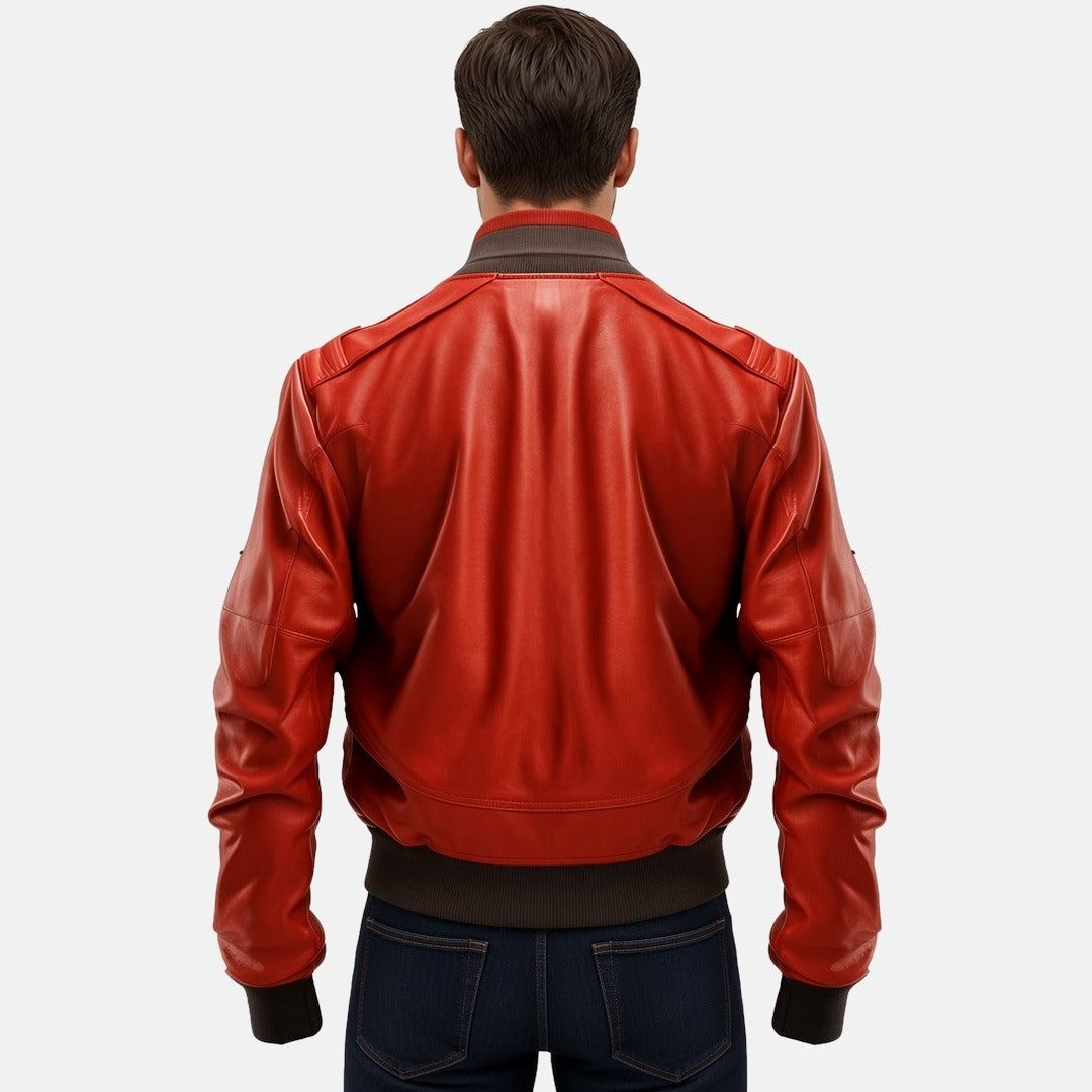 Men's Red Leather Bomber Jacket with Flap Pockets, back view on model