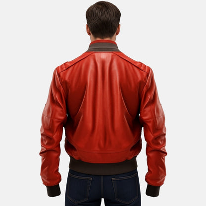 Men's Red Leather Bomber Jacket with Flap Pockets, back view on model