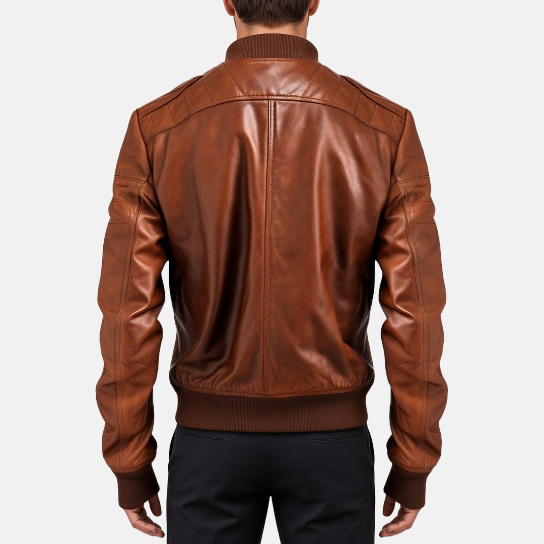 Men's Vintage Brown Leather Bomber Jacket with Ribbed Collar, back view on model