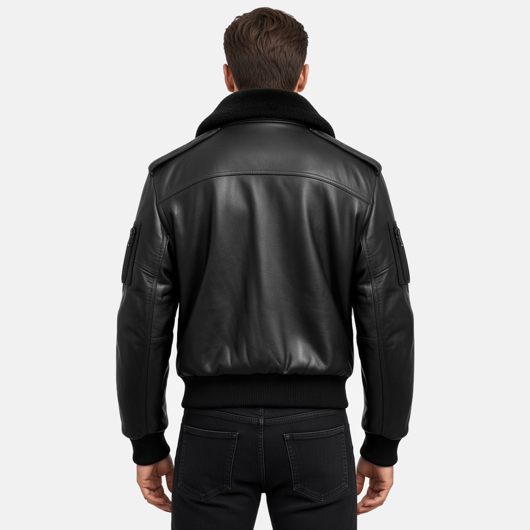 Men's Black Leather Bomber Jacket with Fur-Look Collar, back view on model