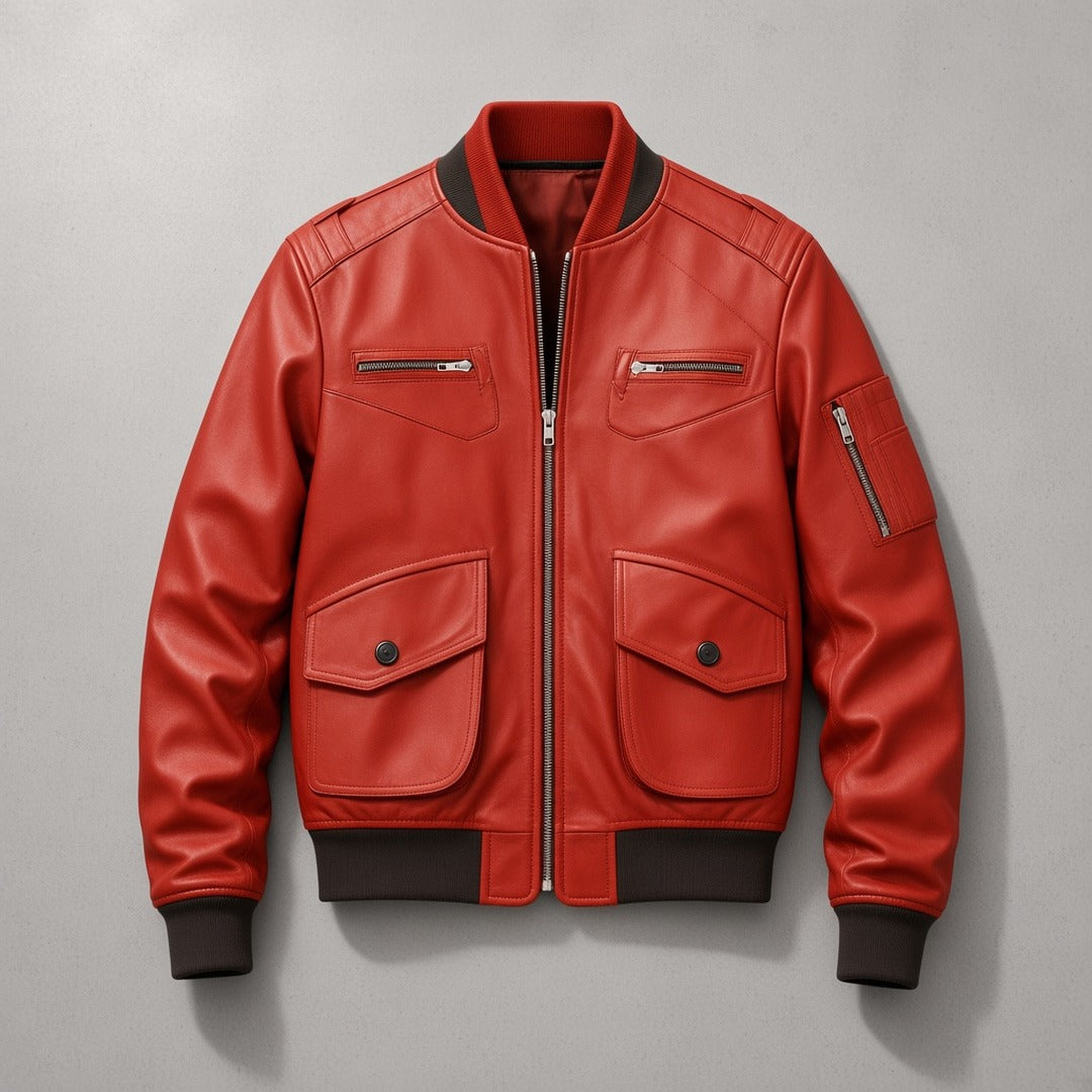 Men's Red Leather Bomber Jacket with Flap Pockets, flat lay