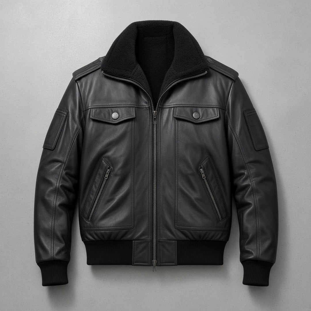 Men's Black Leather Bomber Jacket with Fur-Look Collar, flat lay
