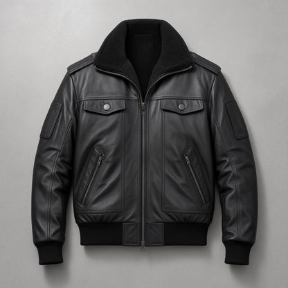 Men's Black Leather Bomber Jacket with Fur-Look Collar, flat lay