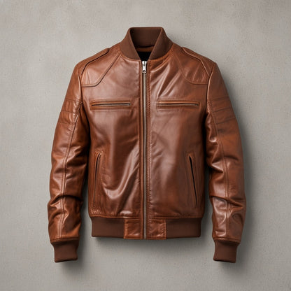 Men's Vintage Brown Leather Bomber Jacket with Ribbed Collar, flat lay