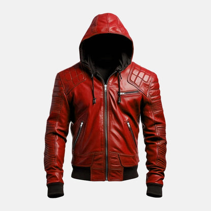 Men's Red Leather Hooded Bomber Jacket with Quilted Shoulders, front view