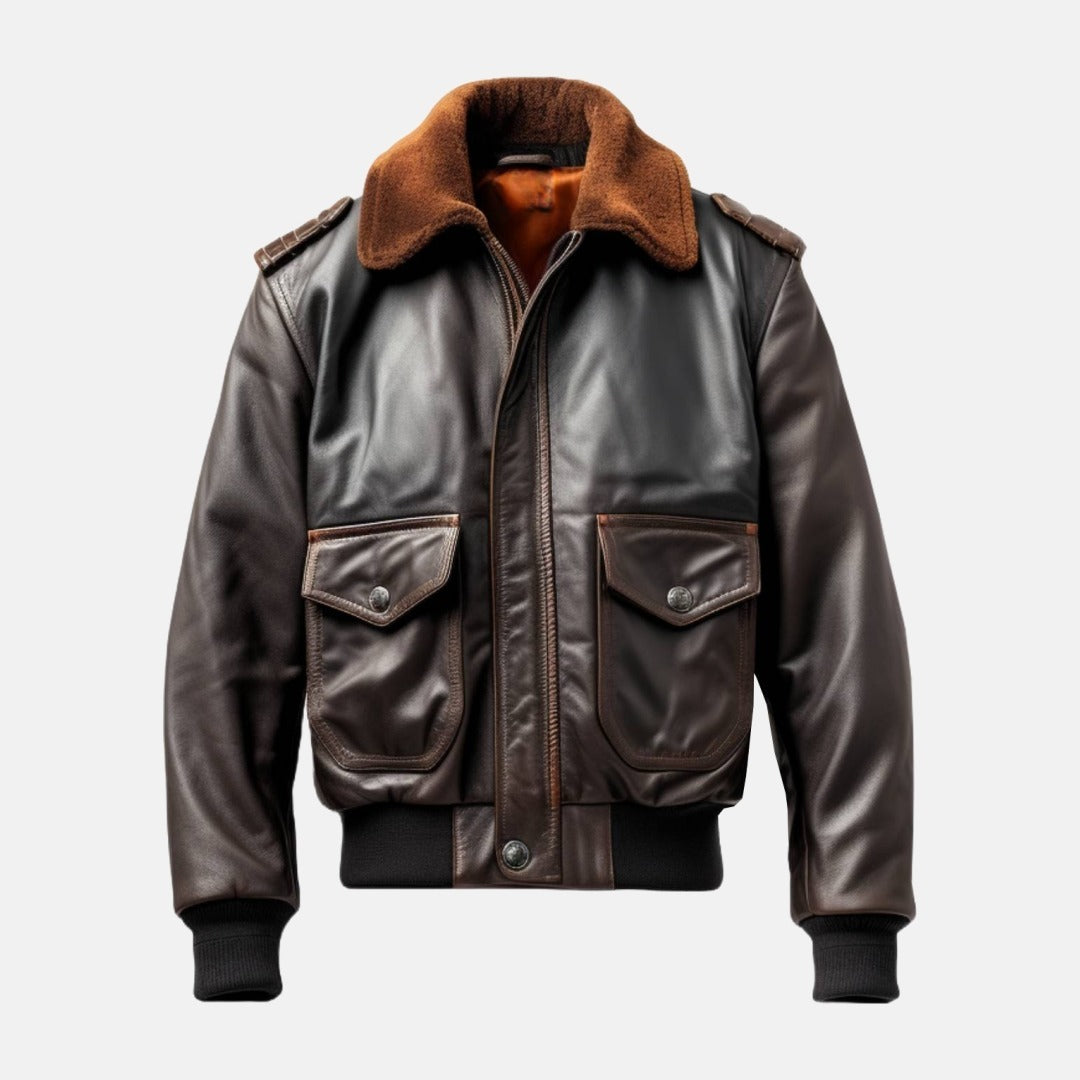 Men's Distressed Brown Leather Flight Bomber Jacket with Wool Collar, front view