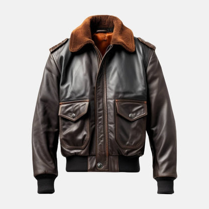 Men's Distressed Brown Leather Flight Bomber Jacket with Wool Collar, front view