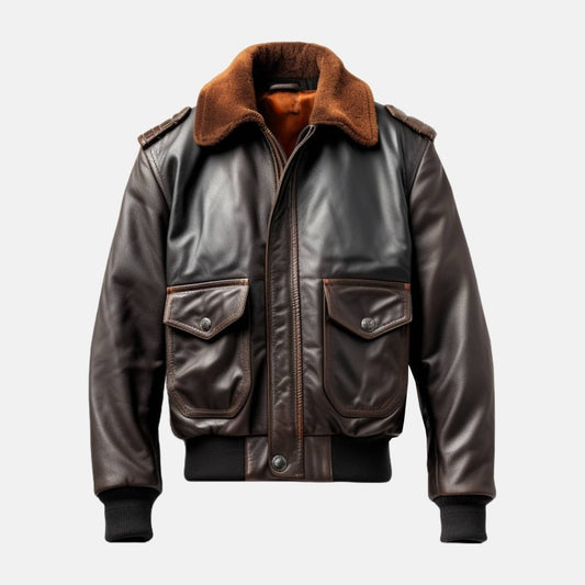 Men's Distressed Brown Leather Flight Bomber Jacket with Wool Collar, front view