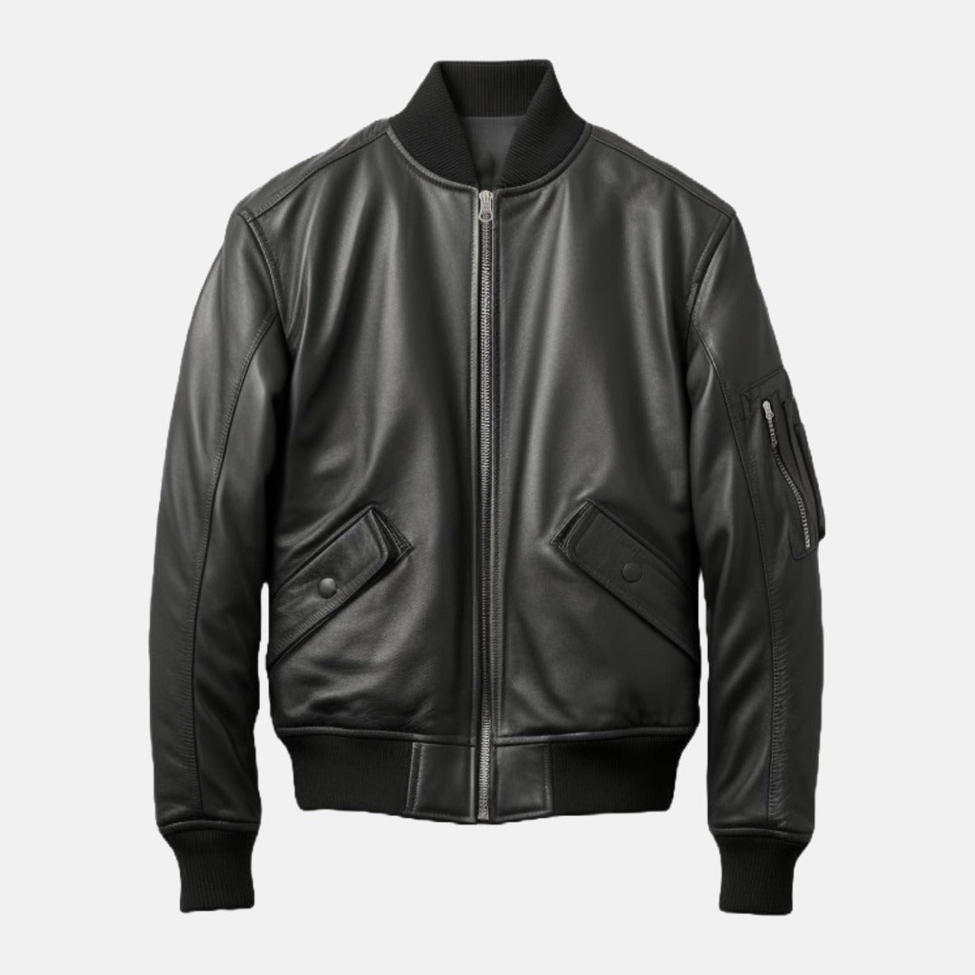 Men's Black Leather Bomber Jacket with Sleeve Zip Pocket, front view