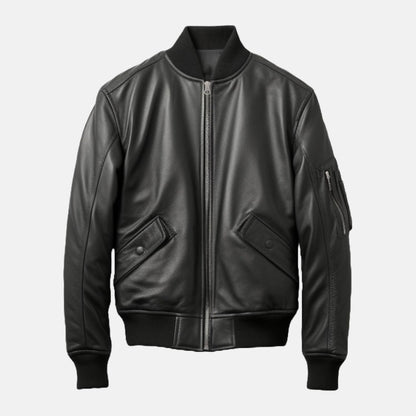 Men's Black Leather Bomber Jacket with Sleeve Zip Pocket, front view