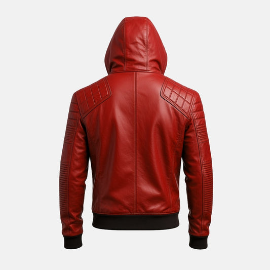Men's Red Leather Hooded Bomber Jacket with Quilted Shoulders, back view