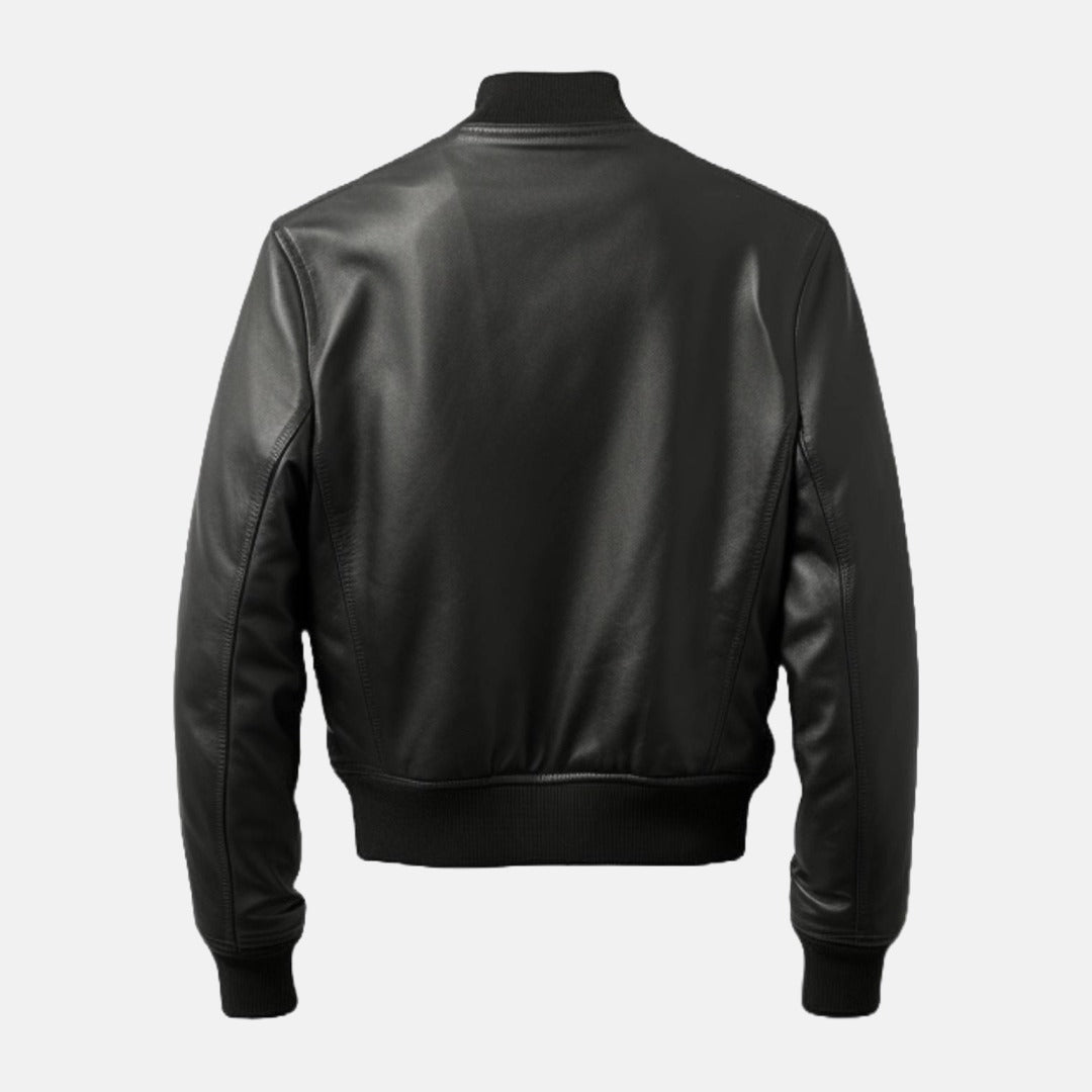 Men's Black Leather Bomber Jacket with Sleeve Zip Pocket, back view