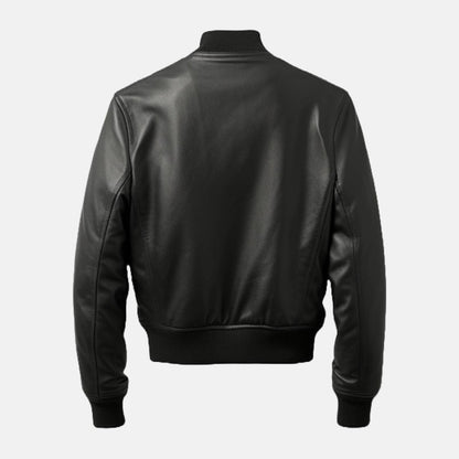 Men's Black Leather Bomber Jacket with Sleeve Zip Pocket, back view