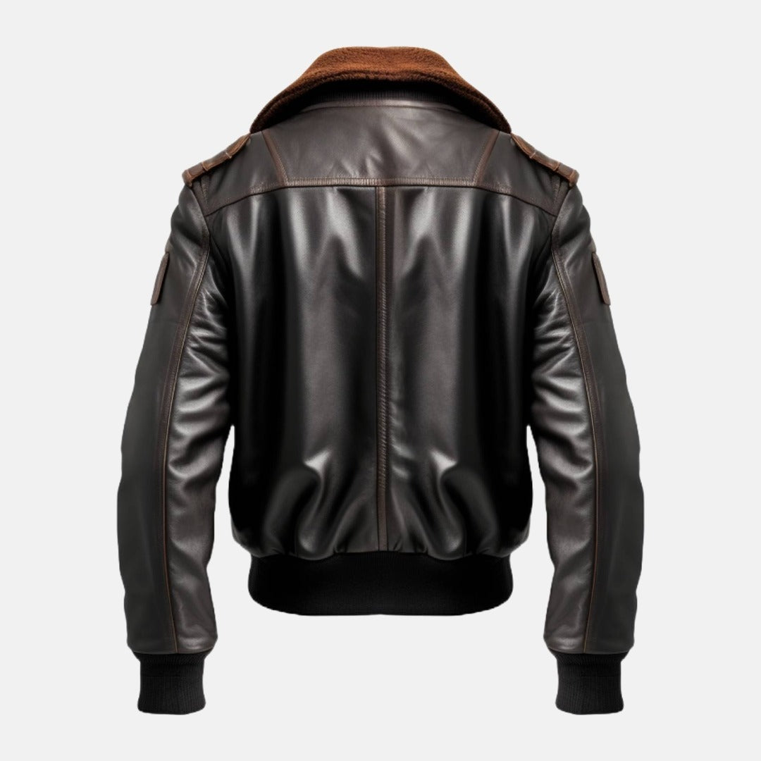 Men's Distressed Brown Leather Flight Bomber Jacket with Wool Collar, back view
