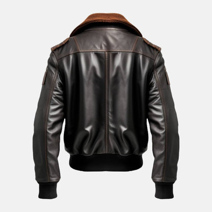 Men's Distressed Brown Leather Flight Bomber Jacket with Wool Collar, back view