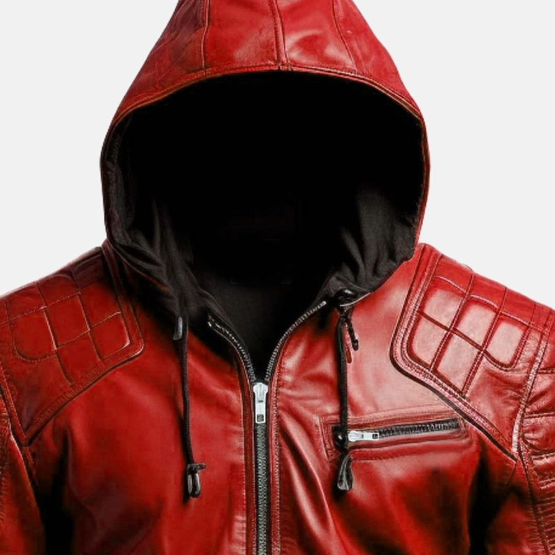 Men's Red Leather Hooded Bomber Jacket with Quilted Shoulders, close-up of collar and zip