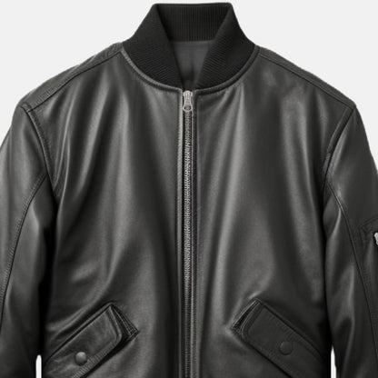 Men's Black Leather Bomber Jacket with Sleeve Zip Pocket, close-up of collar and zip