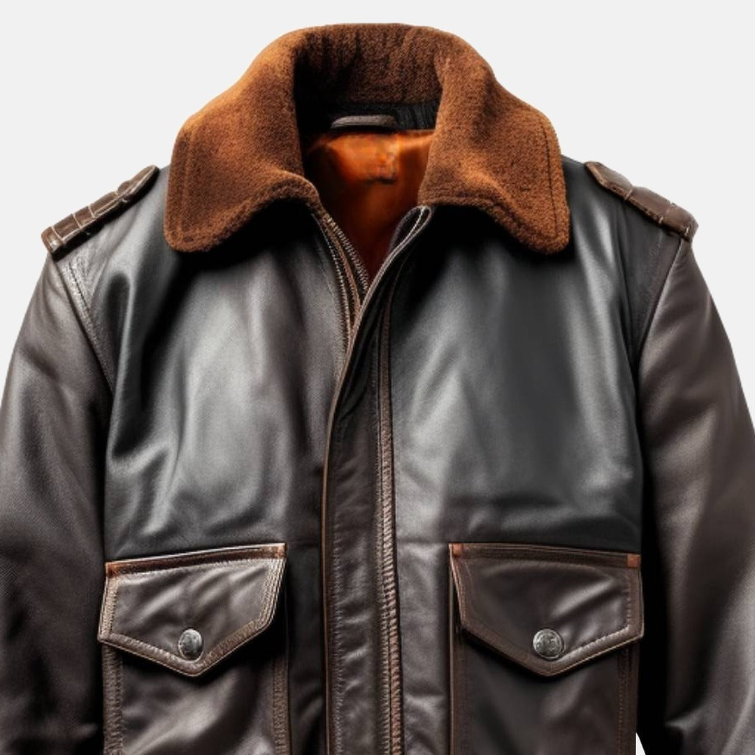 Men's Distressed Brown Leather Flight Bomber Jacket with Wool Collar, close-up of collar and zip