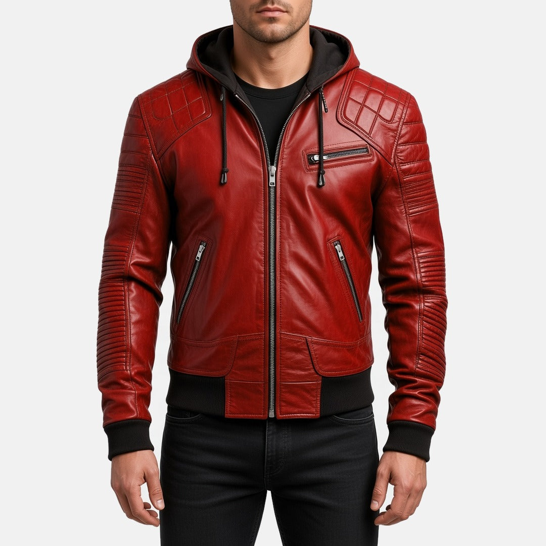 Men's Red Leather Hooded Bomber Jacket with Quilted Shoulders, front view on model