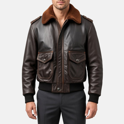 Men's Distressed Brown Leather Flight Bomber Jacket with Wool Collar, front view on model
