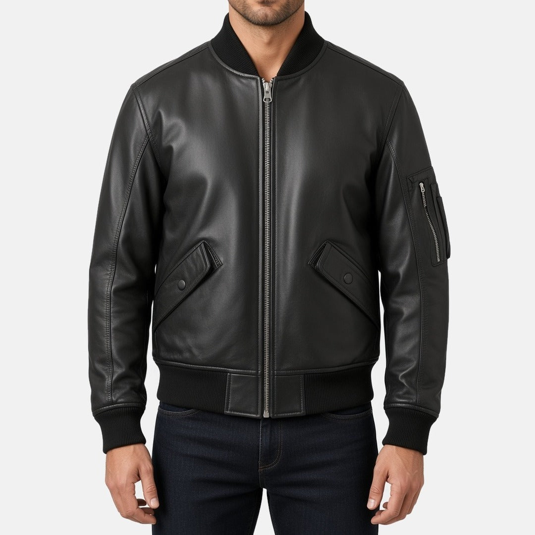 Men's Black Leather Bomber Jacket with Sleeve Zip Pocket, front view on model