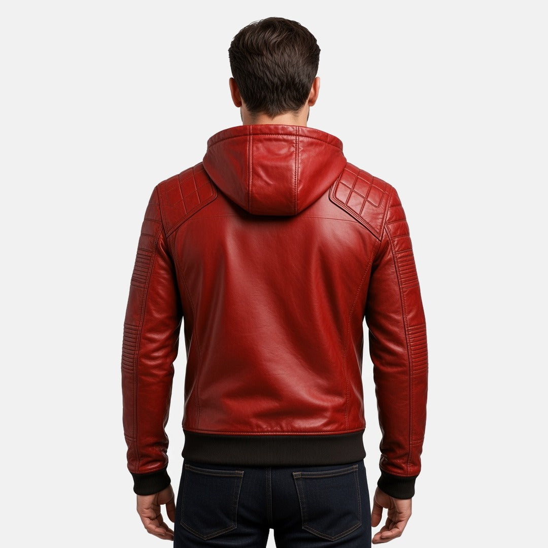 Men's Red Leather Hooded Bomber Jacket with Quilted Shoulders, back view on model