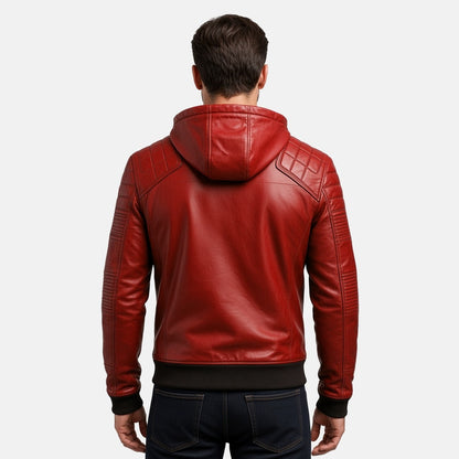 Men's Red Leather Hooded Bomber Jacket with Quilted Shoulders, back view on model