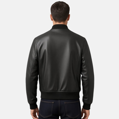 Men's Black Leather Bomber Jacket with Sleeve Zip Pocket, back view on model