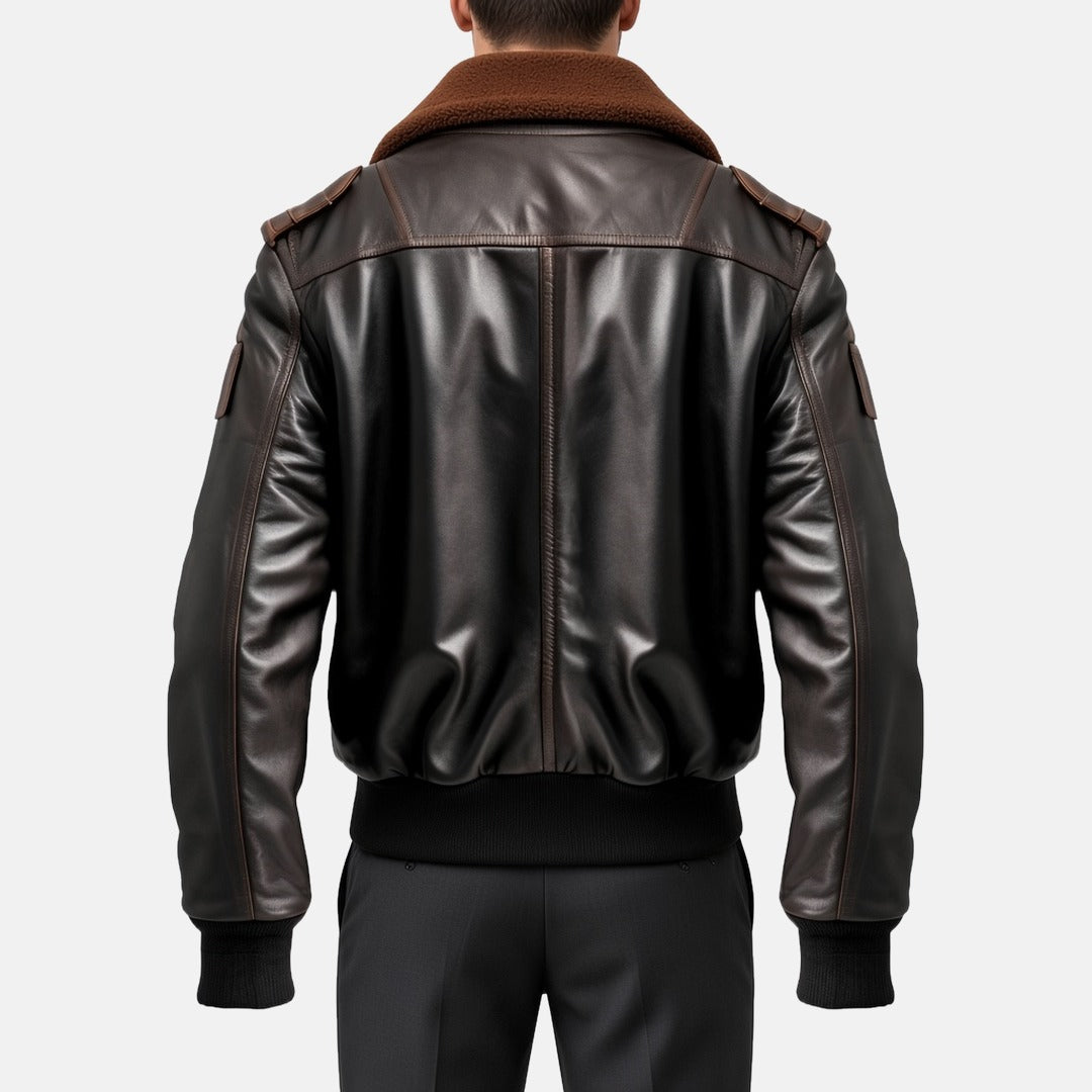 Men's Distressed Brown Leather Flight Bomber Jacket with Wool Collar, back view on model