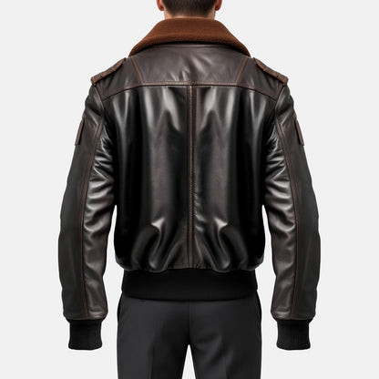 Men's Distressed Brown Leather Flight Bomber Jacket with Wool Collar, back view on model