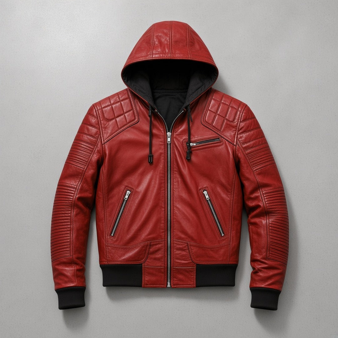 Men's Red Leather Hooded Bomber Jacket with Quilted Shoulders, flat lay