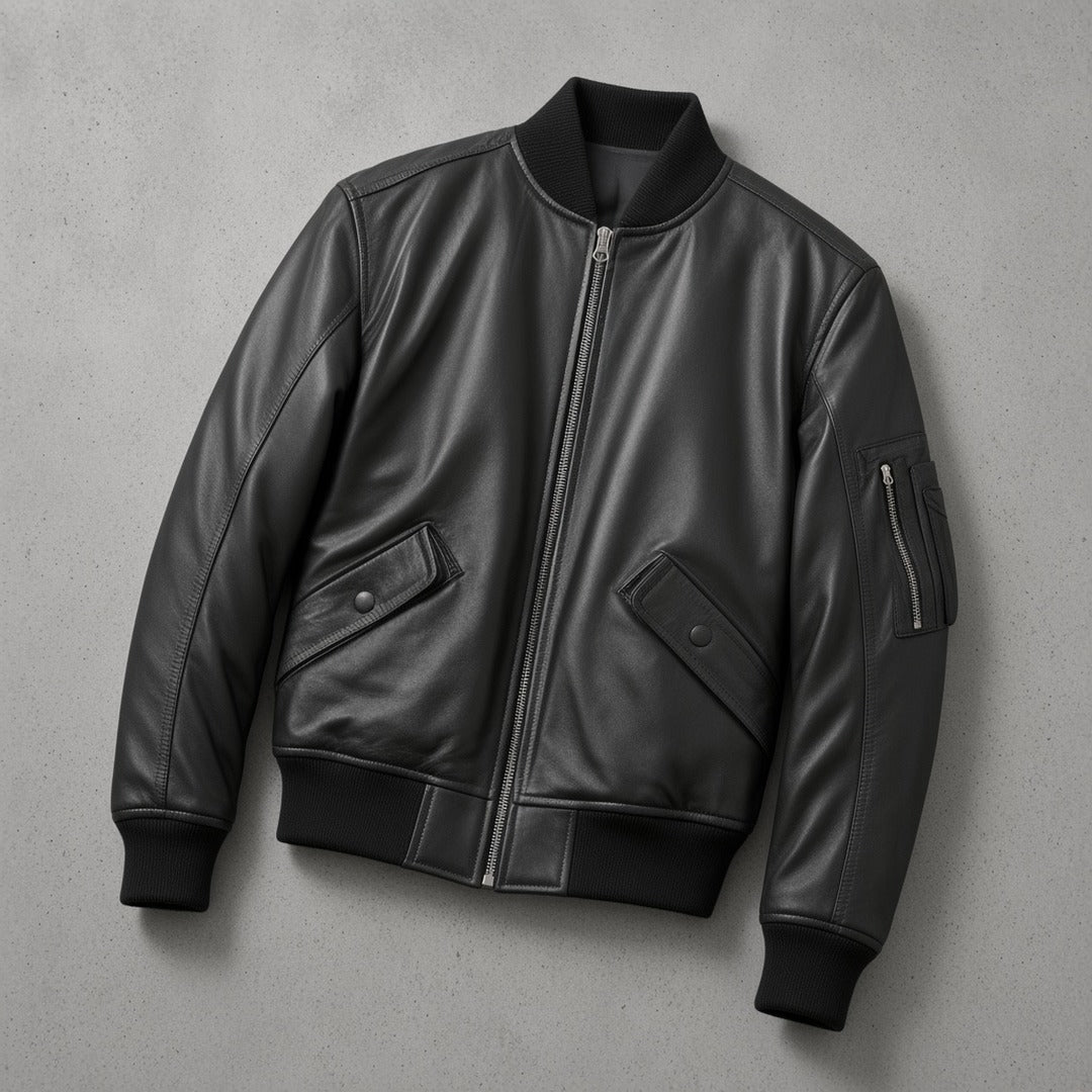 Men's Black Leather Bomber Jacket with Sleeve Zip Pocket, flat lay