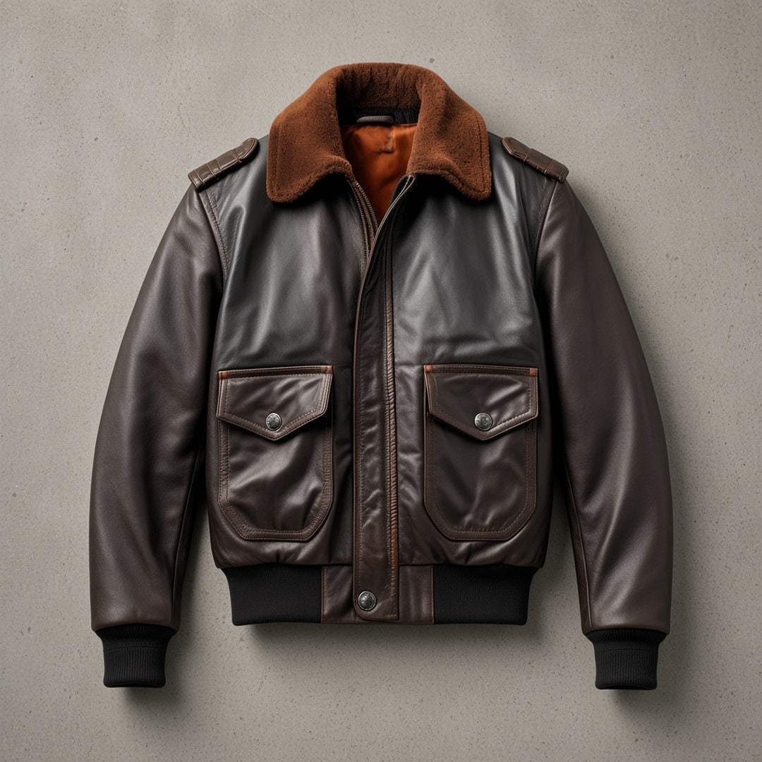 Men's Distressed Brown Leather Flight Bomber Jacket with Wool Collar, flat lay