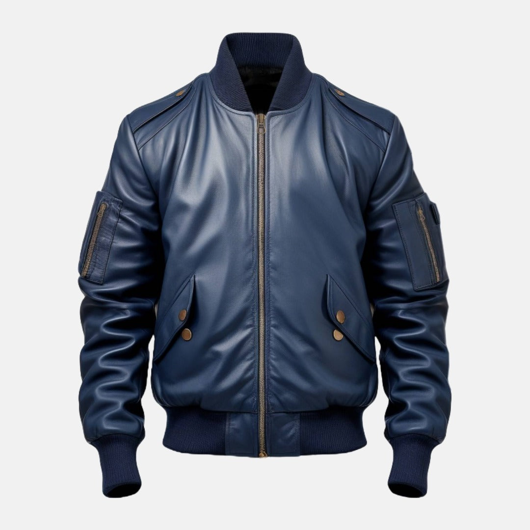 Men's Navy Leather Bomber Jacket with Ribbed Collar, front view