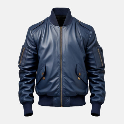 Men's Navy Leather Bomber Jacket with Ribbed Collar, front view