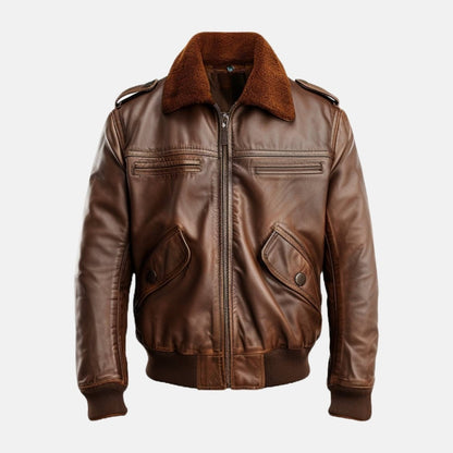 Men's 70s Vintage Brown Leather Bomber Jacket, front view