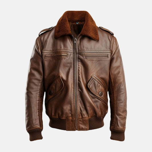 Men's 70s Vintage Brown Leather Bomber Jacket, front view